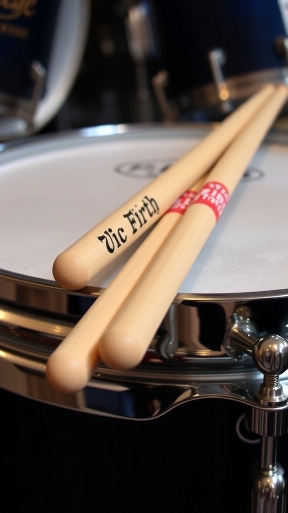 Vic Firth 7A drumsticks on a snare drum with a blurred drum kit in the background.